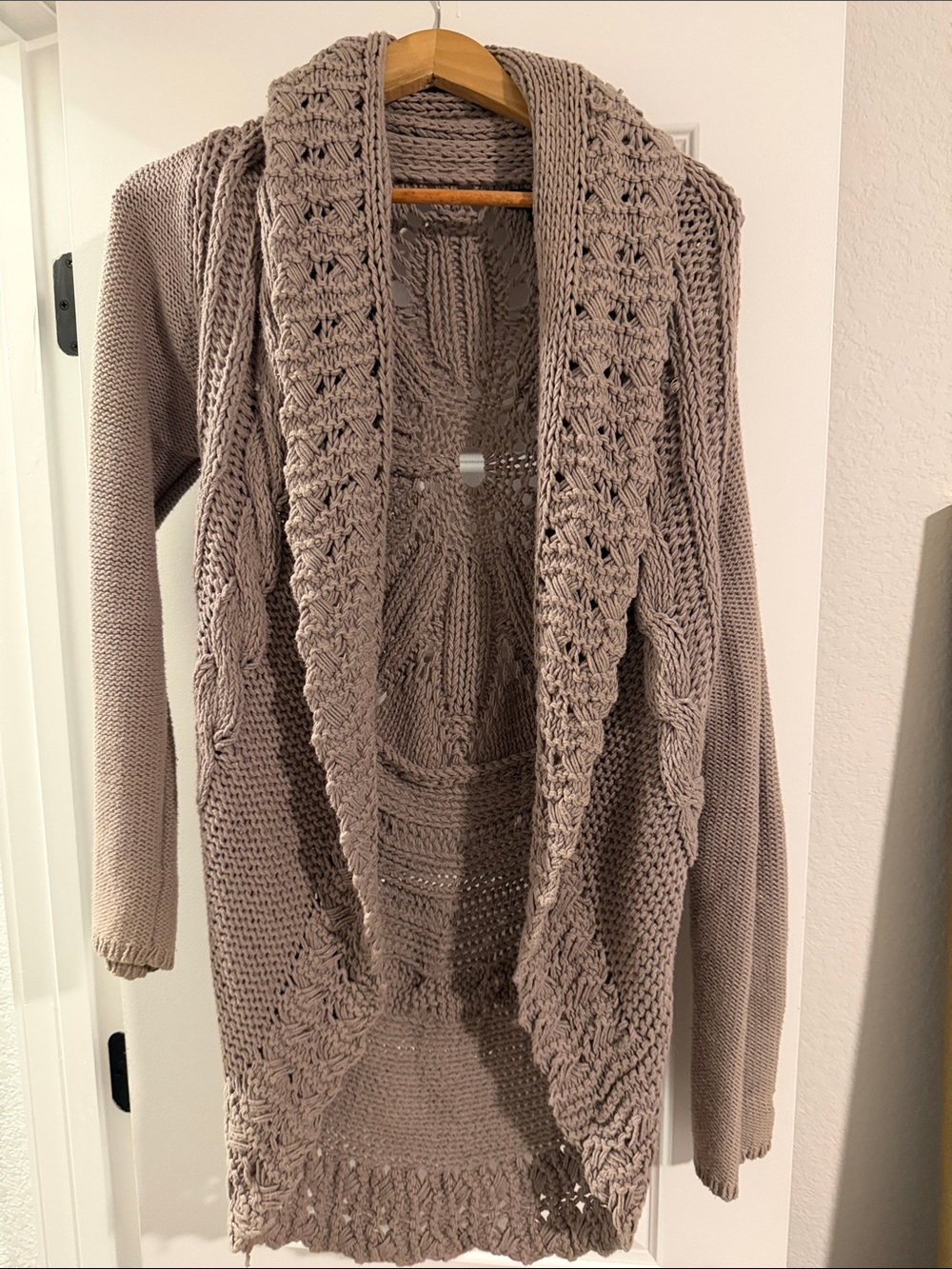 INC International Concepts Taupe Open-Front Crochet Shawl Cardigan